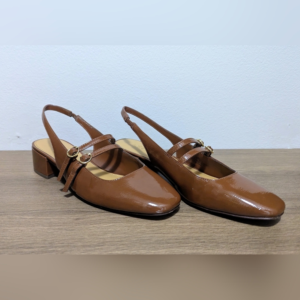Women’s Brown Patent Slingback Pumps with Double Straps